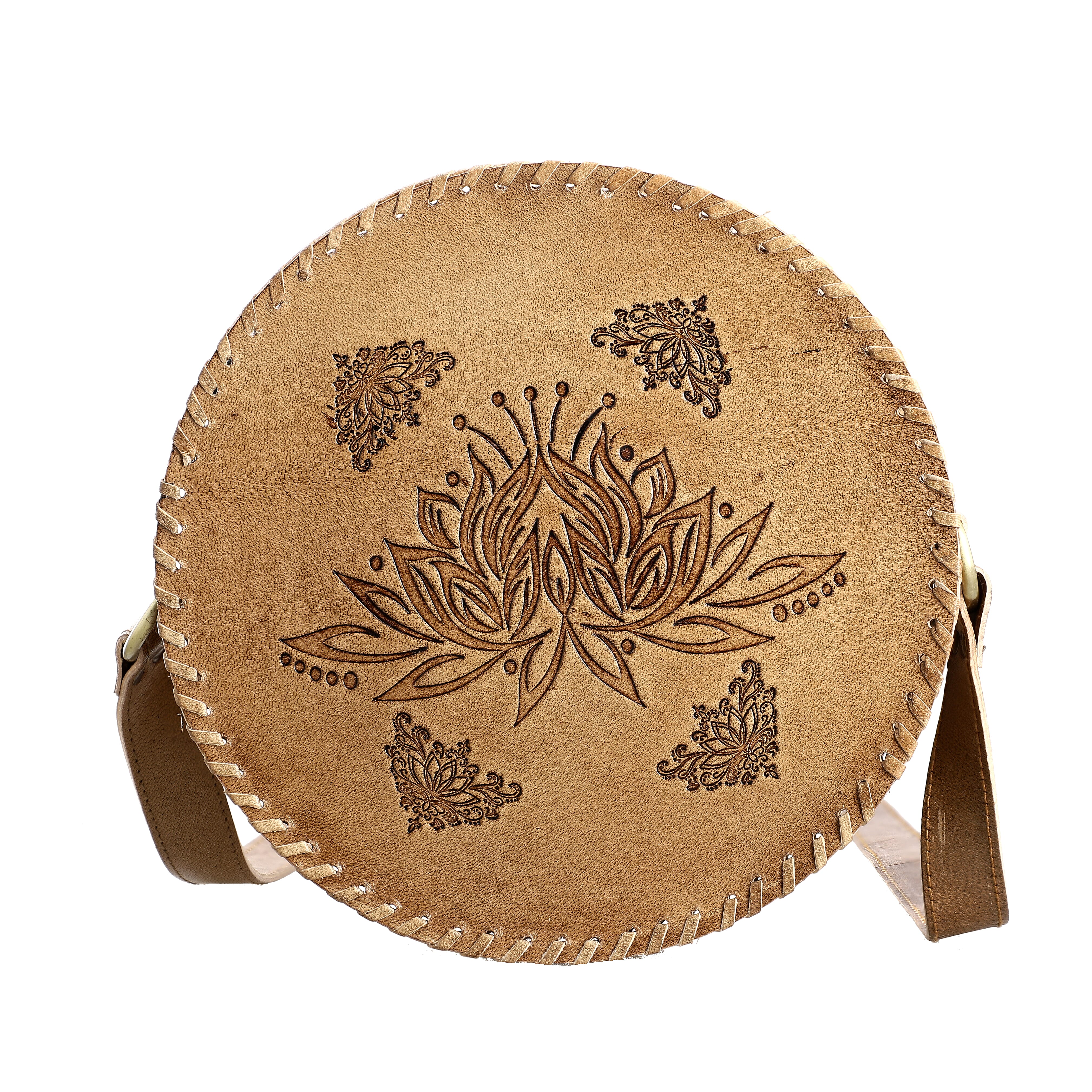 Tan Flower Pattern Genuine Leather Round Embossed Sling Bag with Adjustable Shoulder Strap (10"x3.5")