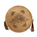 Tan Flower Pattern Genuine Leather Round Embossed Sling Bag with Adjustable Shoulder Strap (10"x3.5") - Sticky add to cart bar