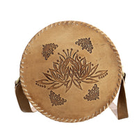 Tan Flower Pattern Genuine Leather Round Embossed Sling Bag with Adjustable Shoulder Strap (10"x3.5")