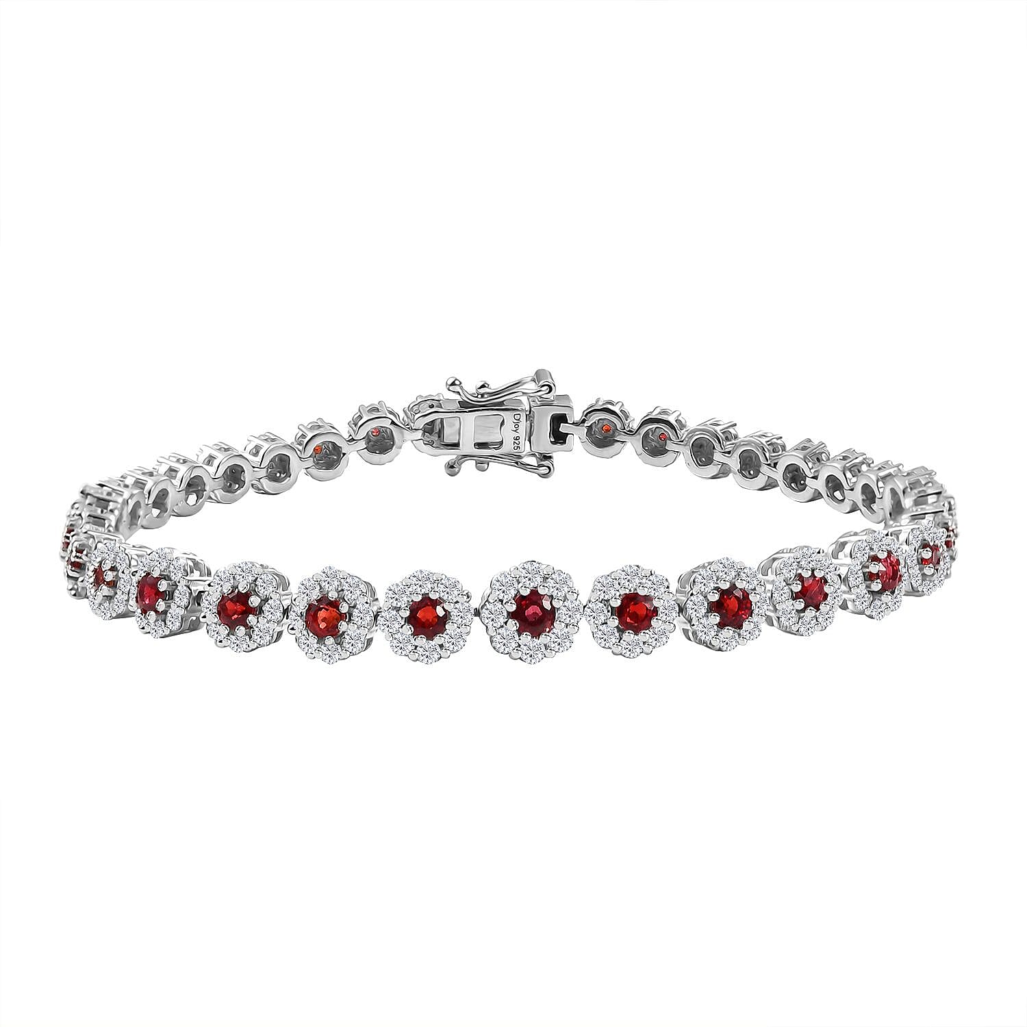 D'Joy Premium Red Sapphire and Moissanite 7.40 ctw Floral Halo Bracelet in Rhodium Over Sterling Silver (8.00 In)