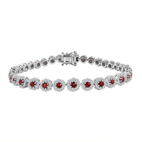 D'Joy Premium Red Sapphire and Moissanite 7.40 ctw Floral Halo Bracelet in Rhodium Over Sterling Silver (8.00 In)