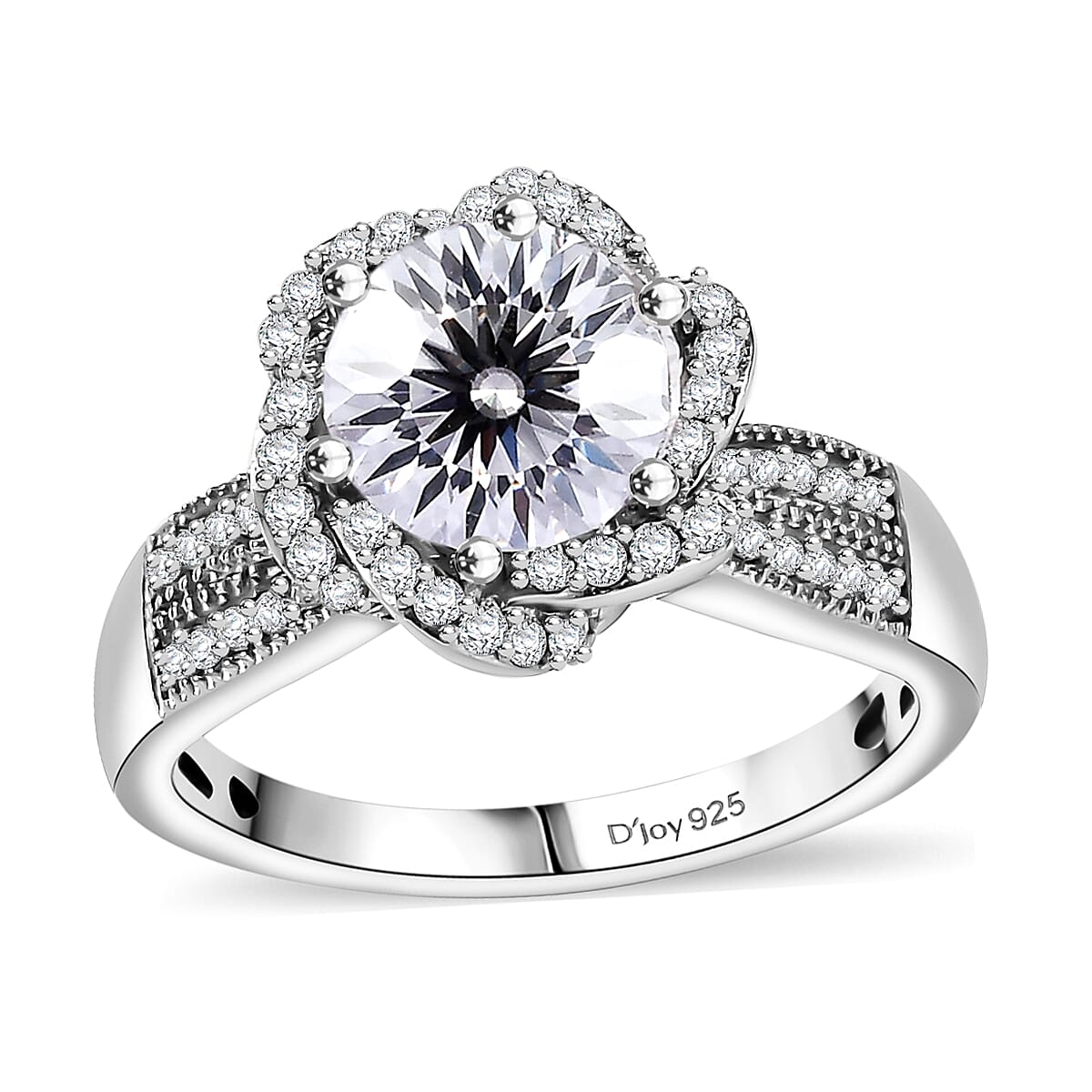 Crisantemo Cut Moissanite (Rnd 8mm) Ring in Rhodium Over Sterling Silver (Size 5.0) 2.60 ctw