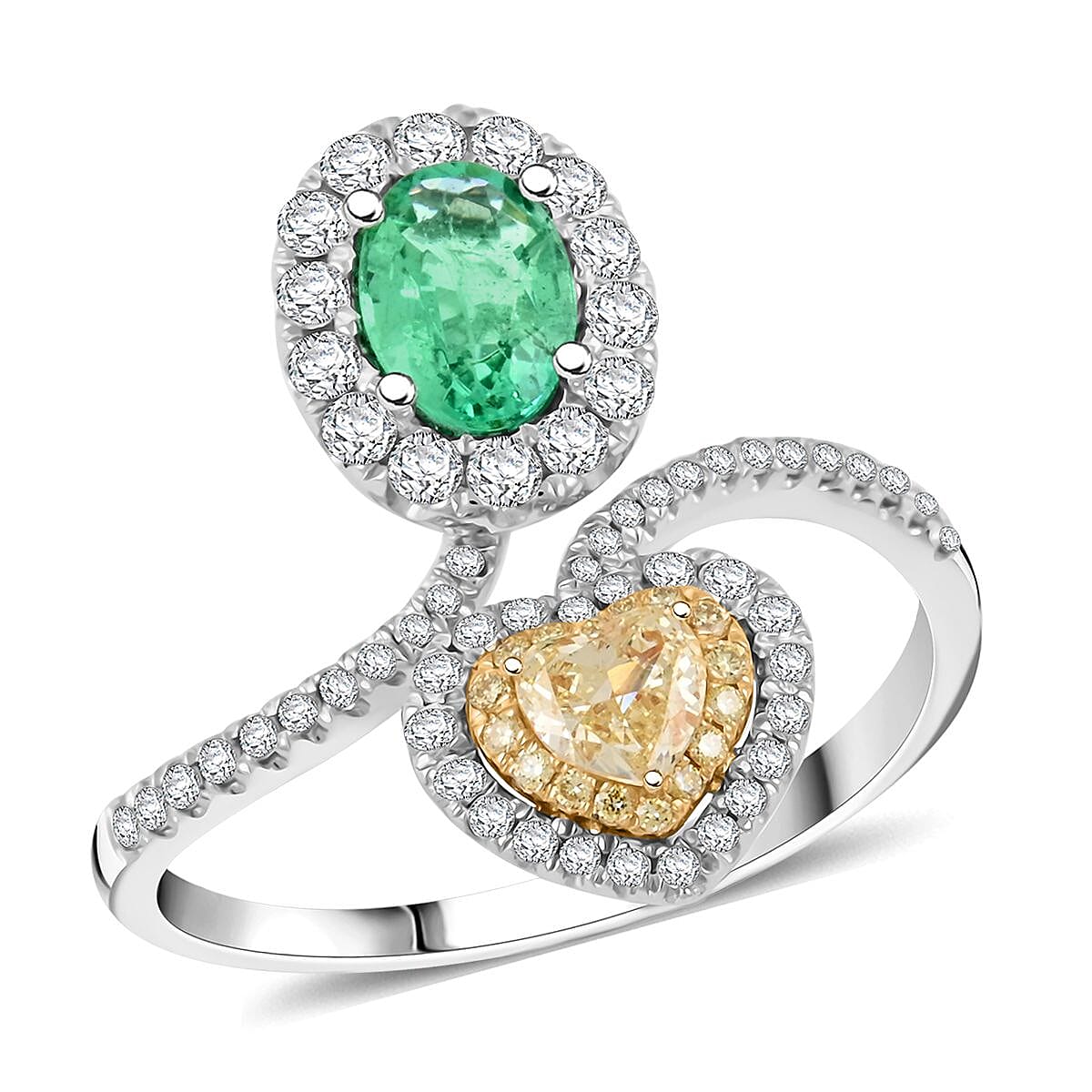 Doorbuster Modani Emerald, Natural Yellow and White Diamond F-G, VS 1.54 ctw Ring in 950 Platinum and 18K Yellow Gold 5.40 Grams