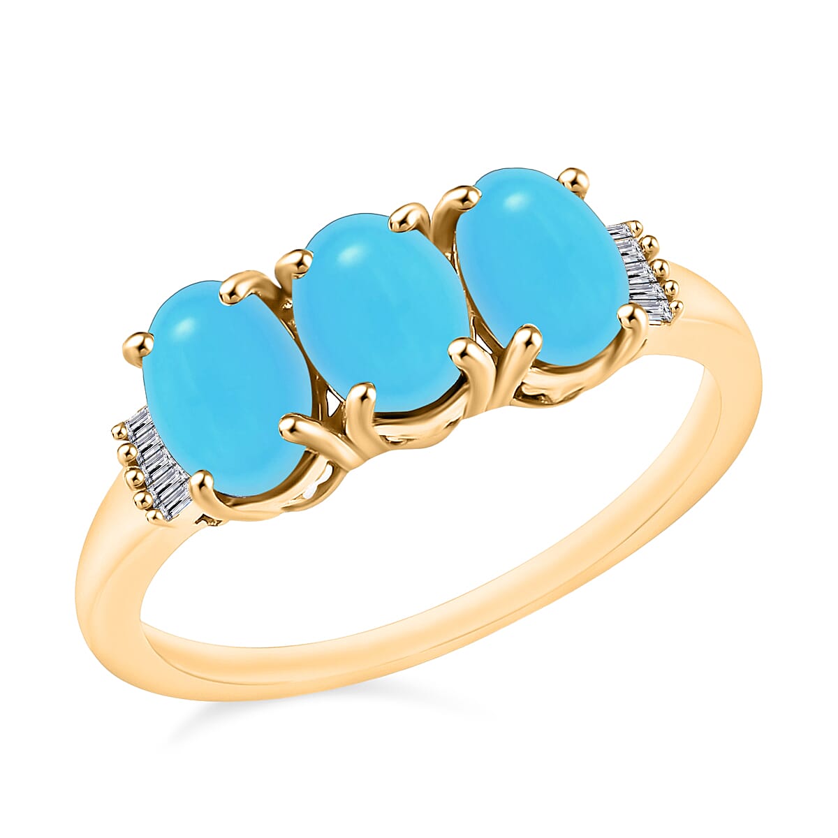 Premium Sleeping Beauty Turquoise and G-H I2 Diamond 5.47 ctw 3 Stone Ring in 14K White Gold (Size 10.0)