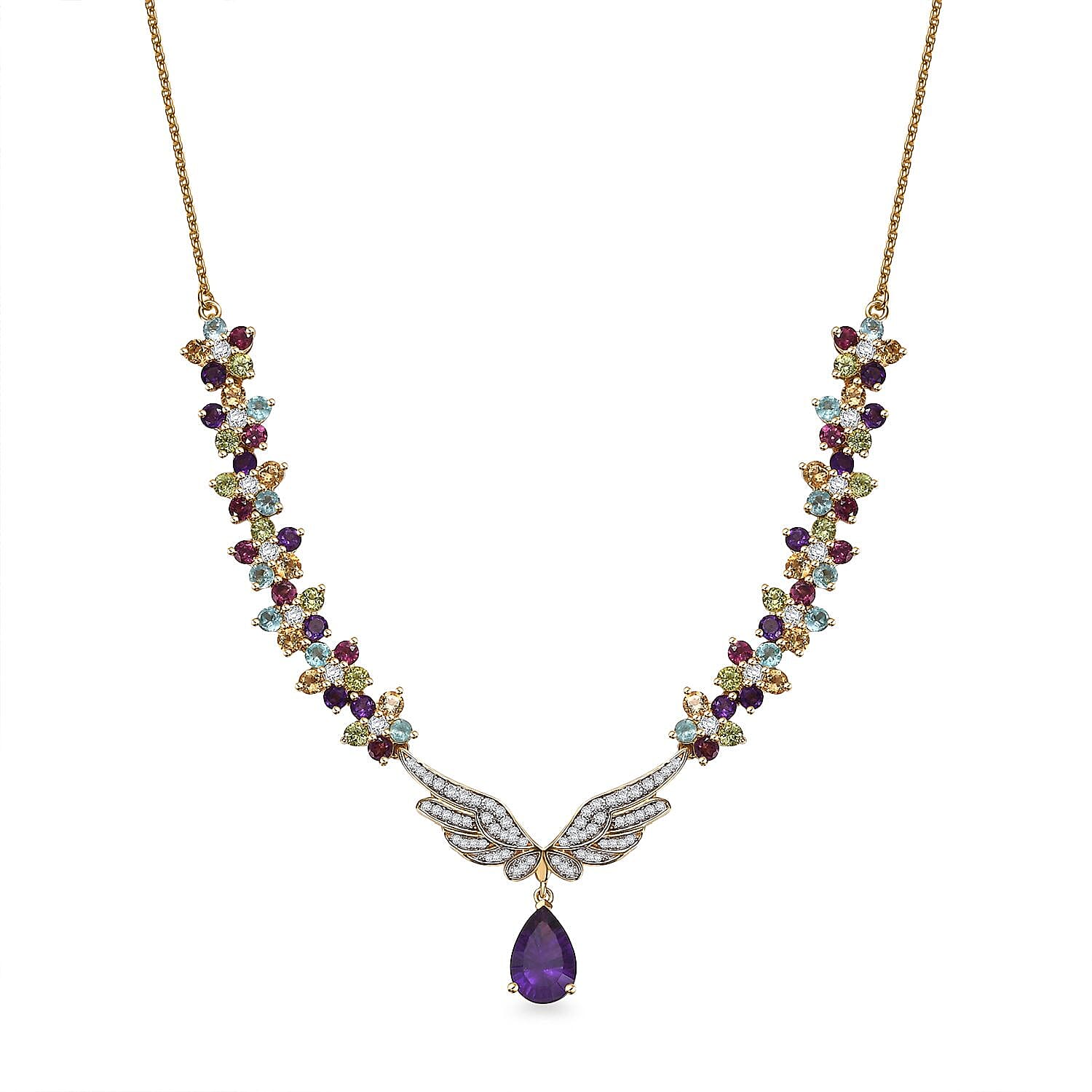 GP Italian Garden Collection African Amethyst and Multi Gemstone 12.85 ctw Angel Wing Necklace 18 Inches in 18K Vermeil YG Over Sterling Silver and ION Plated YG Stainless Steel