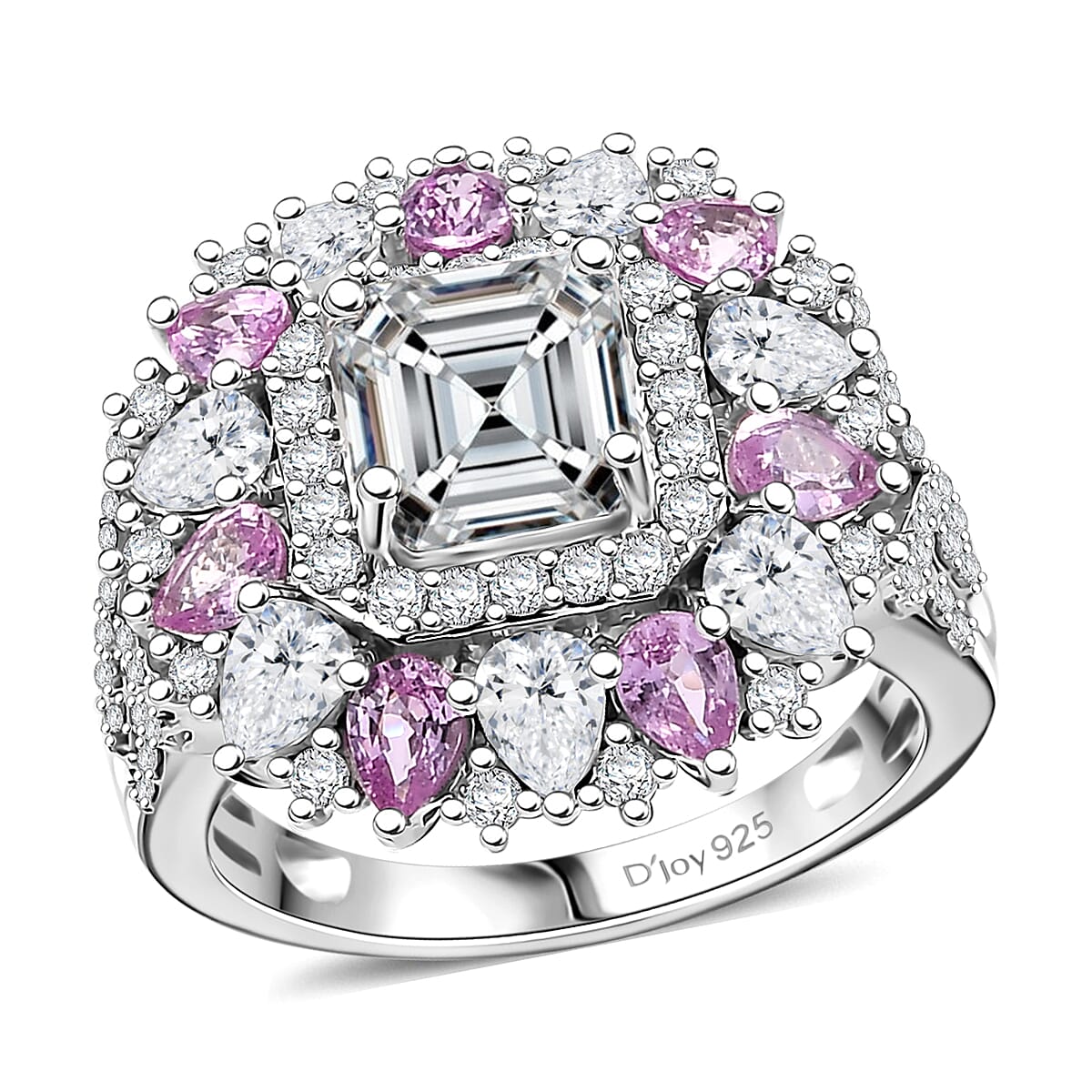 Asscher Cut Moissanite (7x7mm), Madagascar Pink Sapphire Ring in Rhodium Over Sterling Silver (Size 10.0) 5.00 ctw