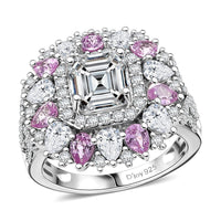 Asscher Cut Moissanite (7x7mm), Madagascar Pink Sapphire Ring in Rhodium Over Sterling Silver (Size 10.0) 5.00 ctw