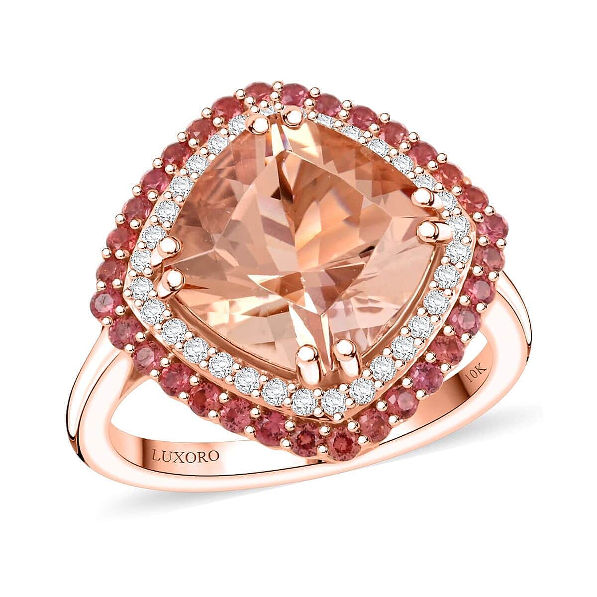By Tony Diniz Pre Doorbuster Certified & Appraised Luxoro 10K Rose Gold AAA Marropino Morganite, Padparadscha Sapphire, Diamond (G-H, I2) (0.20 cts) Ring (Size 10.0) (4.35 g) 4.05 ctw