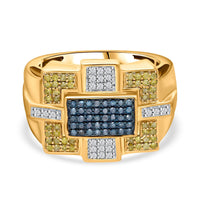 Blue and Yellow Diamond (IR), Diamond Art Deco Ring in Vermeil YG Over Sterling Silver (Size 10.0) 0.65 ctw