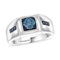 Luxuriant Lab Grown Blue Diamond (SI) Men's Ring in Platinum Over Sterling Silver (Size 10.0) 1.00 ctw