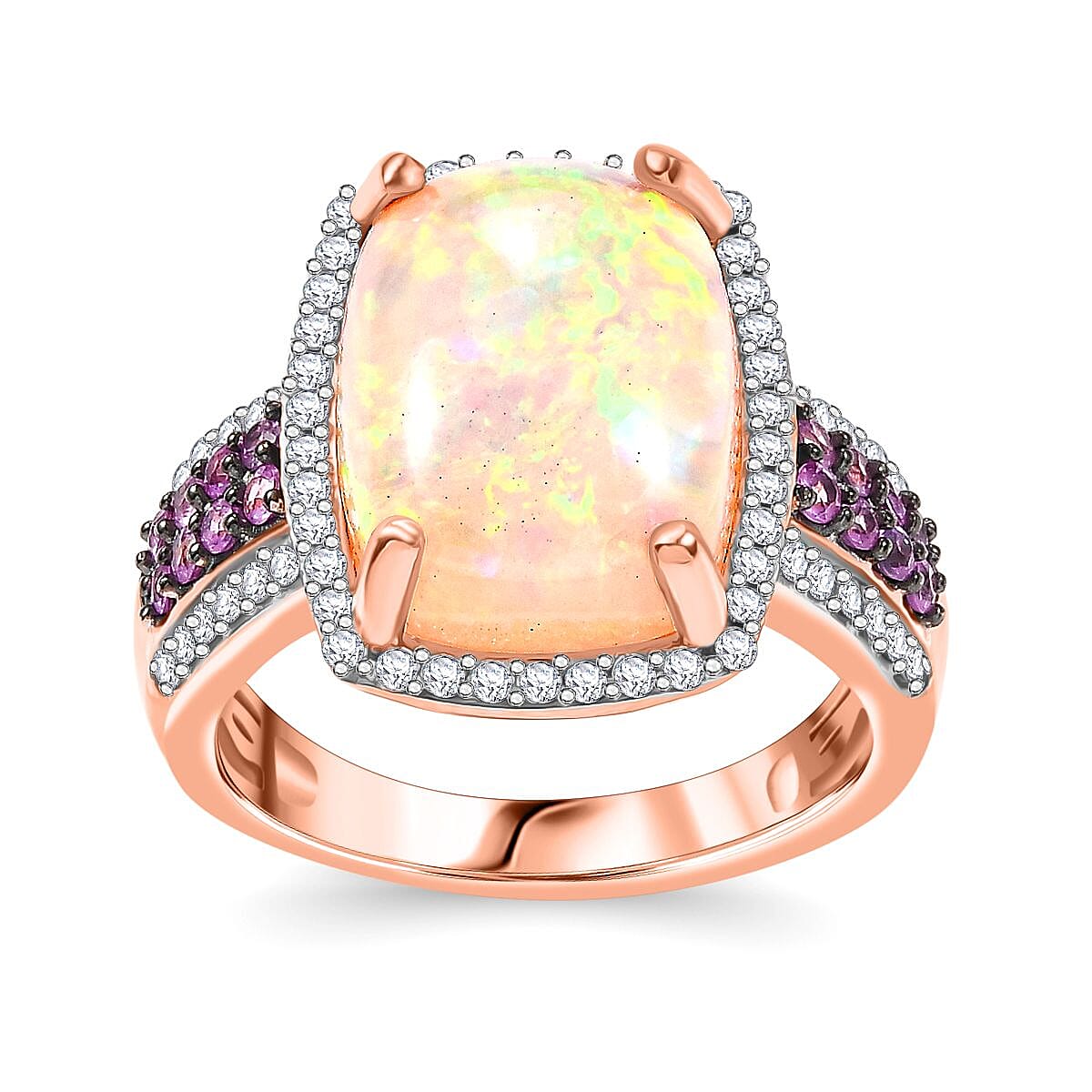 Ethiopian Welo Opal, Multi Gemstone Halo Ring in 18K Vermeil RG Over Sterling Silver (Size 10.0) 5.00 ctw