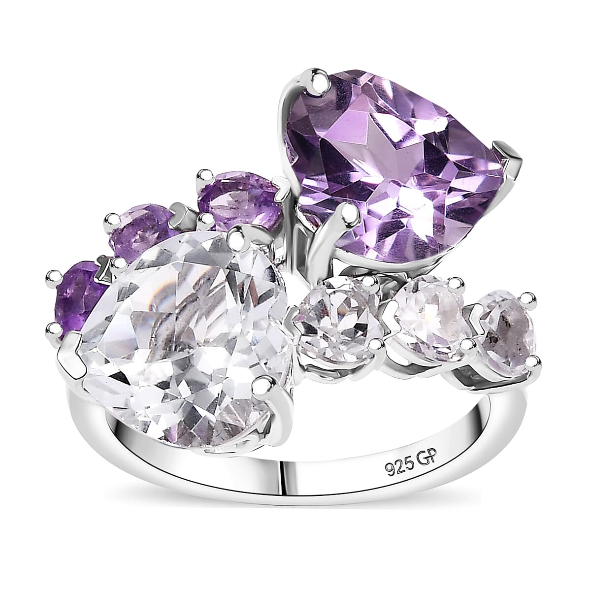 GP Rose De France Amethyst, White Topaz, Multi Gemstone Bypass Ring in Rhodium Over Sterling Silver (Size 7.0) 9.00 ctw