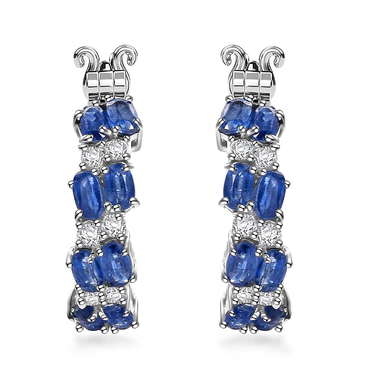 D'Joy Kashmir Kyanite and White Zircon 7.15 ctw Hoop Earrings in Rhodium Over Sterling Silver