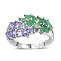 Kagem Zambian Emerald, Tanzanite Ring in Rhodium Over Sterling Silver (Size 7.0) 1.50 ctw