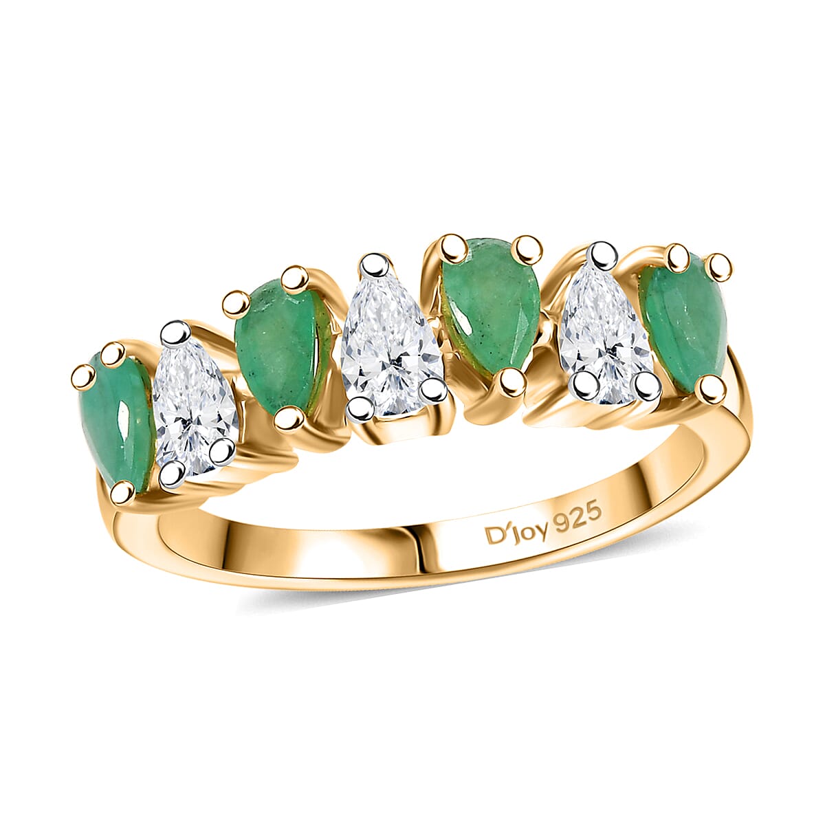 Kagem Zambian Emerald, Moissanite Ring in 18K Vermeil YG Over Sterling Silver (Size 7.0) 1.35 ctw