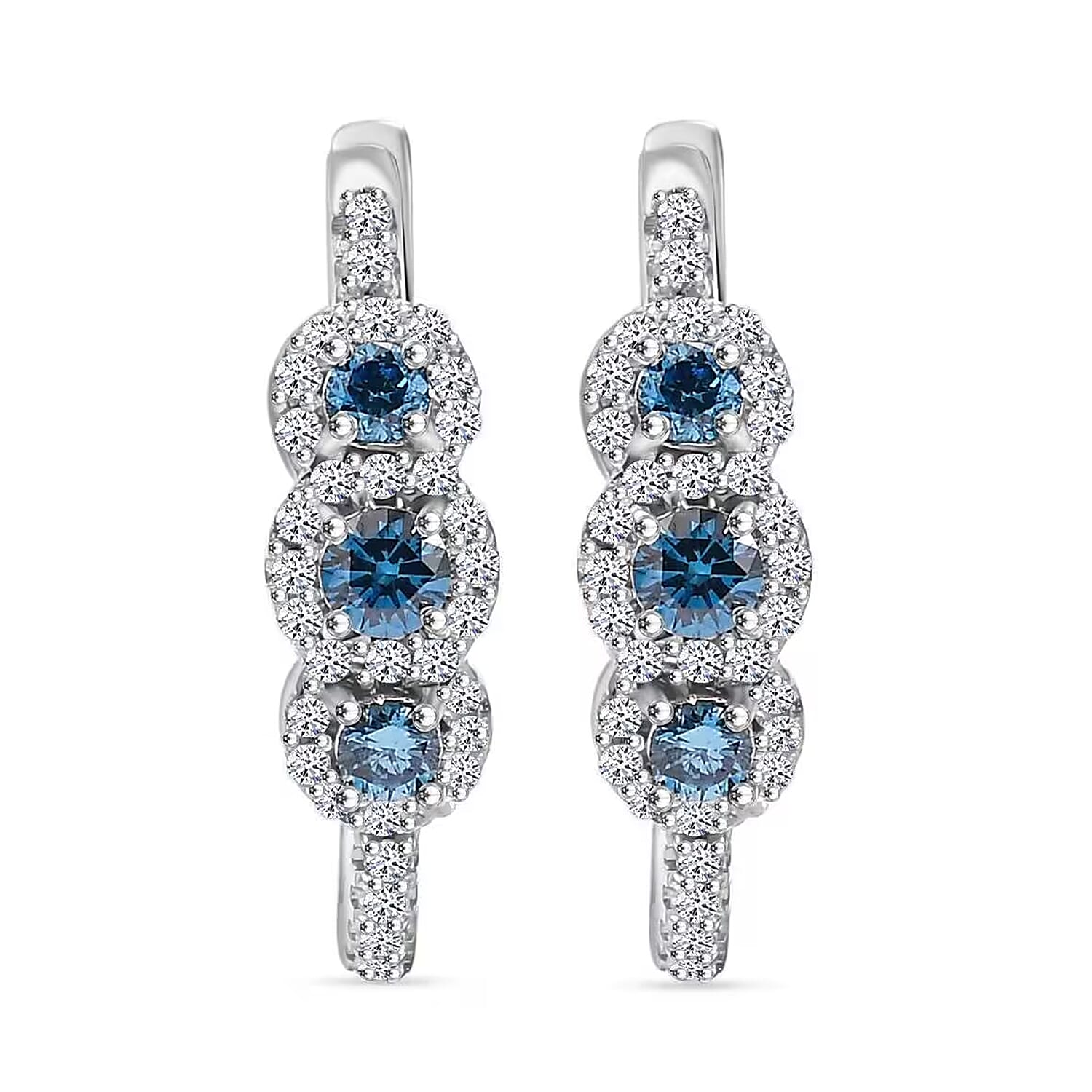 Luxuriant Lab Grown Blue and White Diamond VS 1.00 ctw Hoop Earrings in Rhodium Over Sterling Silver