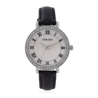 Strada Austrin Crystal Japanese Movement Roman Number Dial Watch with Black Faux Leather (38.10x38.10mm)