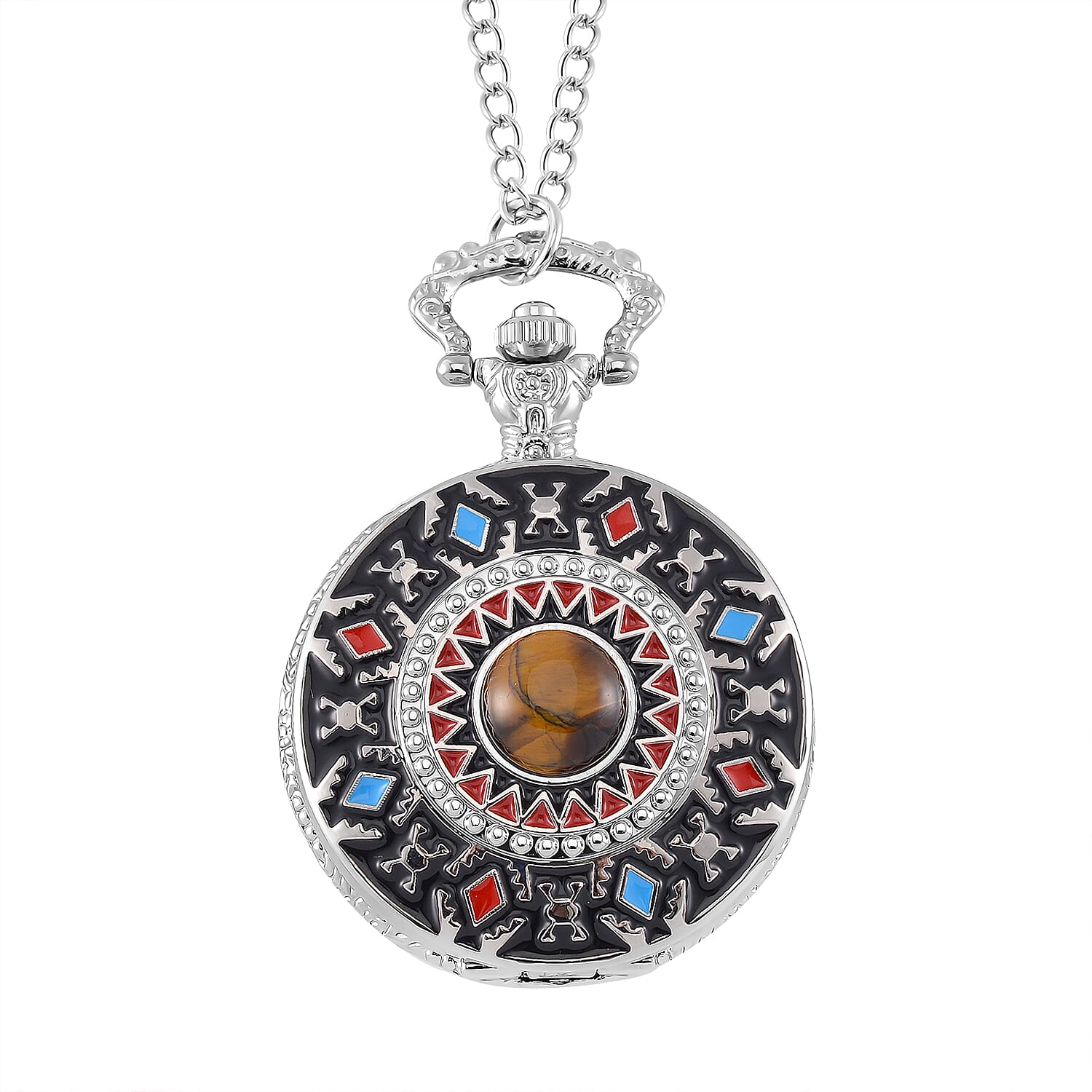 Strada Japanese Movement Tiger Eye, Multi Color Enameled Pocket Watch With Chain (31 Inches) in Silvertone (45.7mm) 2.00 ctw