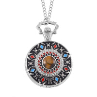 Strada Japanese Movement Tiger Eye, Multi Color Enameled Pocket Watch With Chain (31 Inches) in Silvertone (45.7mm) 2.00 ctw