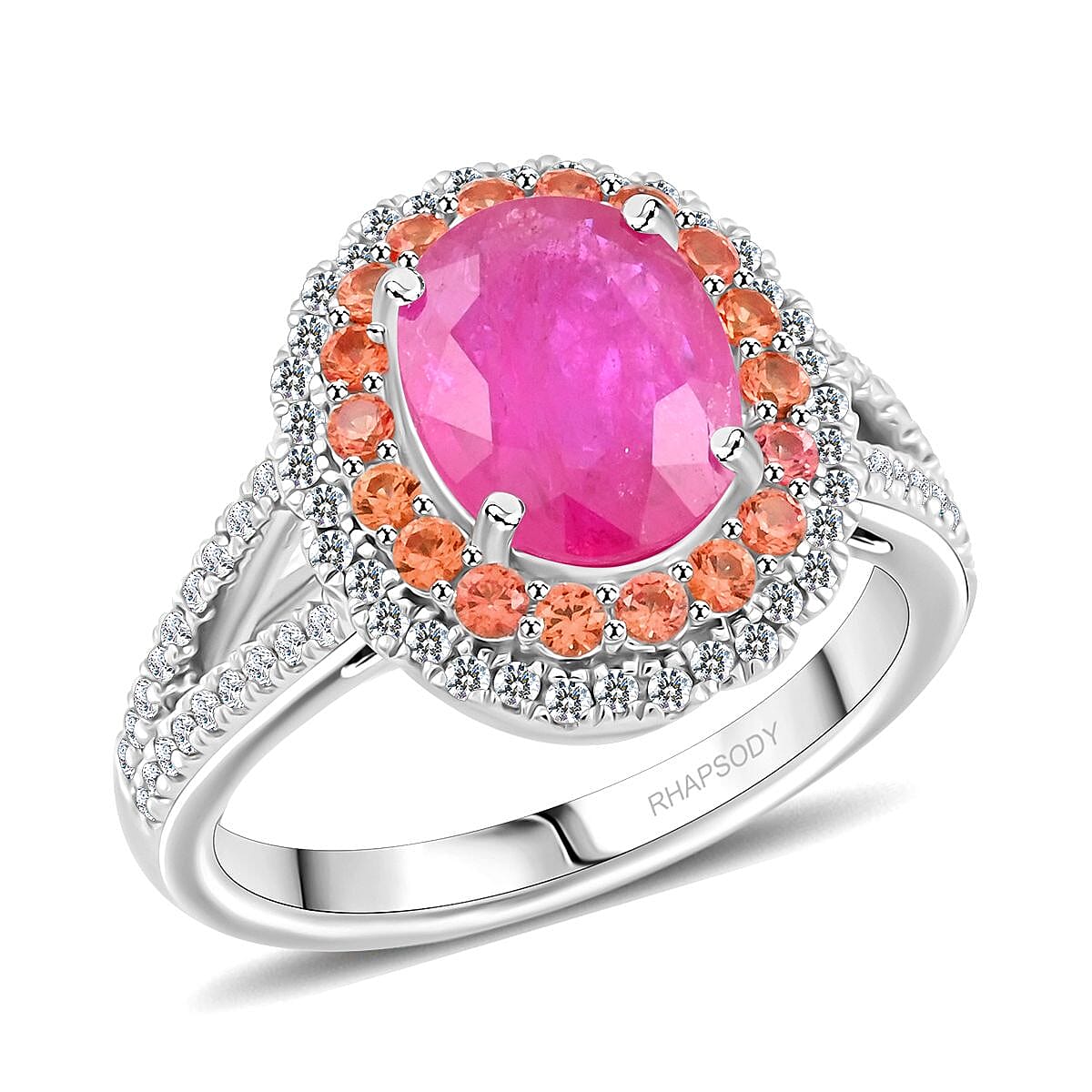 Doorbuster Certified & Appraised Rhapsody AAAA Mozambique Ruby, Padparadscha Sapphire and E-F VS Diamond 2.50 ctw Ring in 950 Platinum 8 Grams