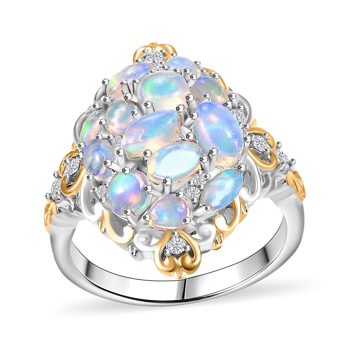 Ethiopian Welo Opal, White Zircon Ring in 18K Vermeil YG and Rhodium Over Sterling Silver (Size 10.0) 2.25 ctw