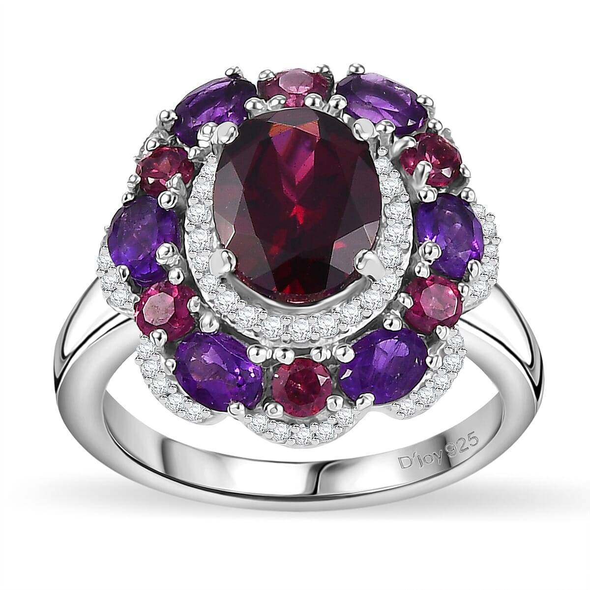 Premium Orissa Rhodolite Garnet, Multi Gemstone Twilight Bloom Ring in Rhodium Over Sterling Silver (Size 10.0) 4.00 ctw