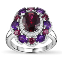 Premium Orissa Rhodolite Garnet, Multi Gemstone Twilight Bloom Ring in Rhodium Over Sterling Silver (Size 10.0) 4.00 ctw