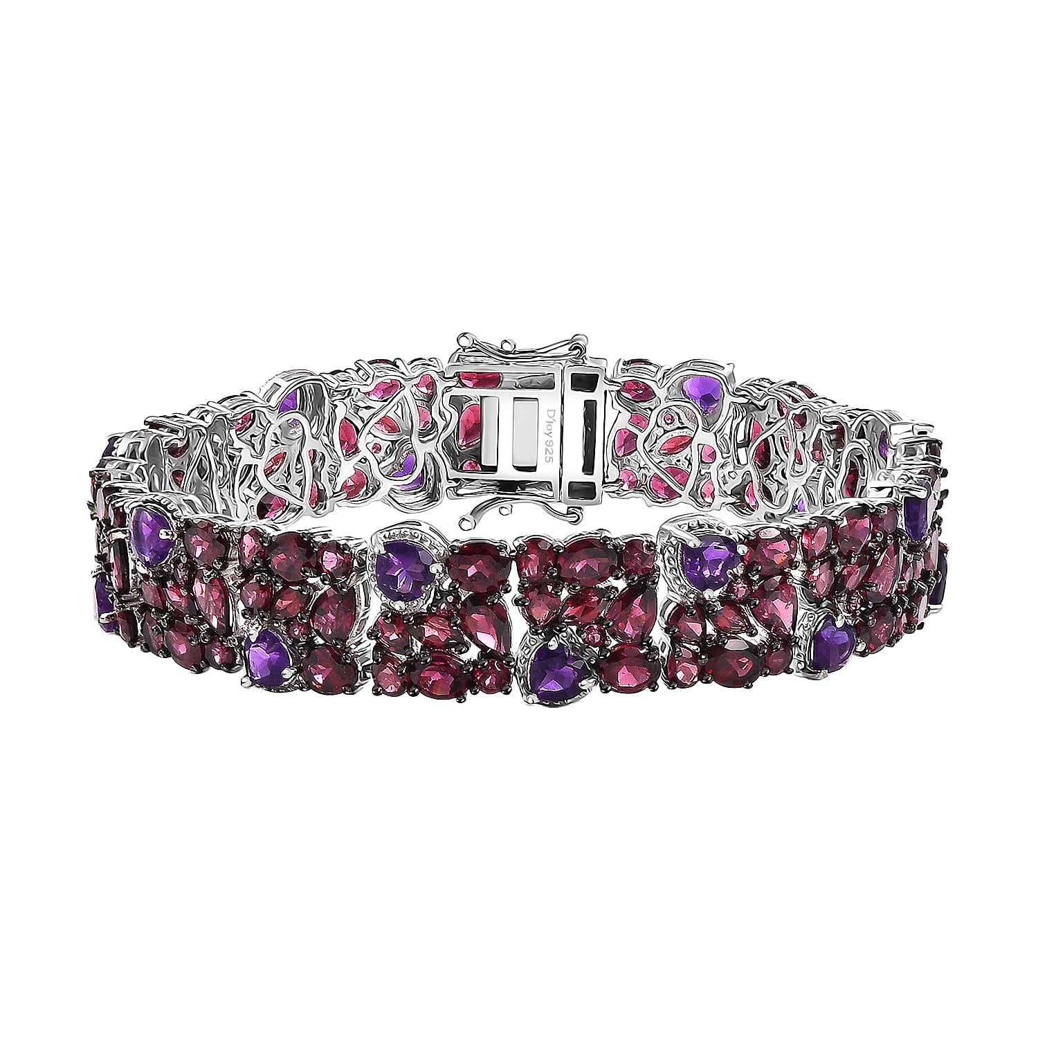 Premium Orissa Rhodolite Garnet, African Amethyst Cluster Bracelet in Rhodium Over Sterling Silver (8.00 In) 43.60 ctw