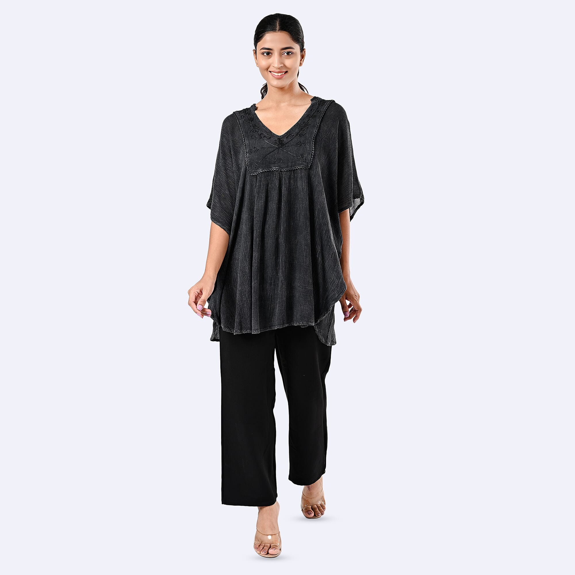 Tamsy Black Embroidered V-Neck Stone Wash Kaftan - One Size Fits Most