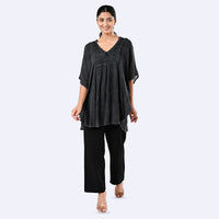 Tamsy Black Embroidered V-Neck Stone Wash Kaftan - One Size Fits Most