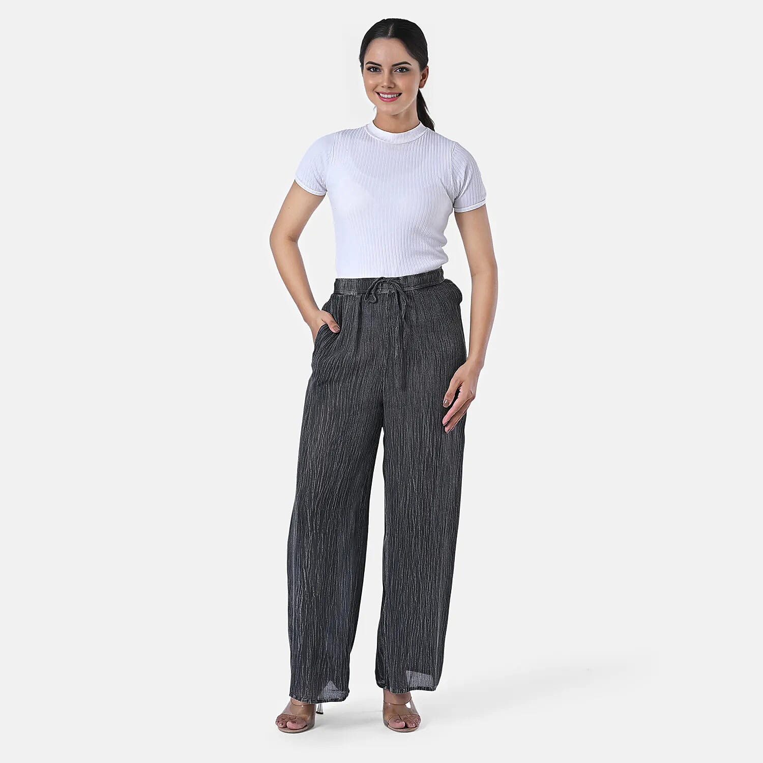 Tamsy Black Stone Wash Palazzo with Elastic Band - One Size Fits Most
