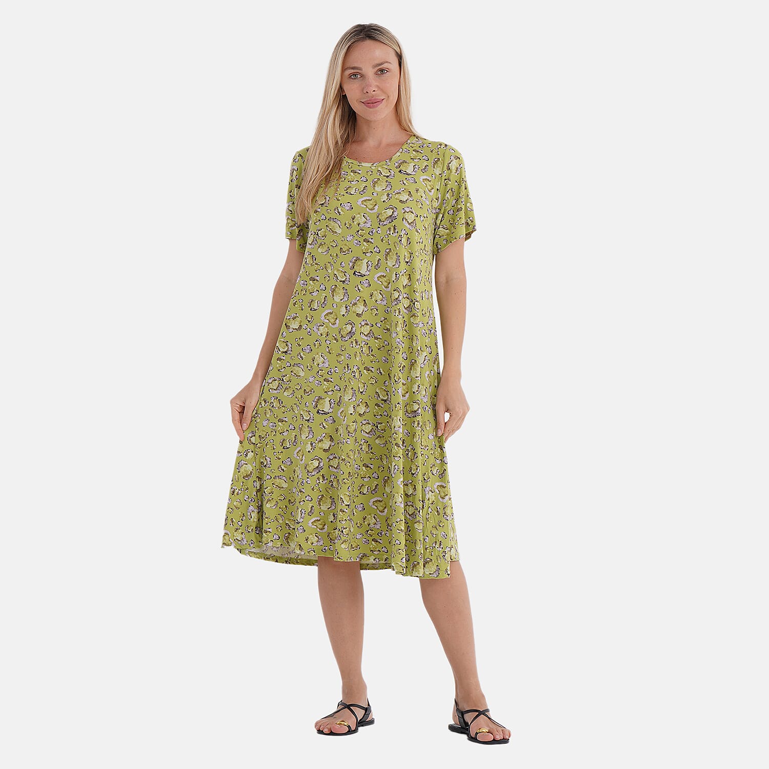 Green Leopard Double Knit Brushed A Line Dress with short Sleeves - One Size