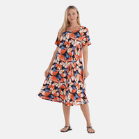 Green Leopard Double Knit Brushed A Line Dress with short Sleeves - One Size