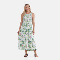 TAMSY Light Blue Lemon Smocked Sleeveless Double Knit Dress with Waist Tie - One Size Fits Most