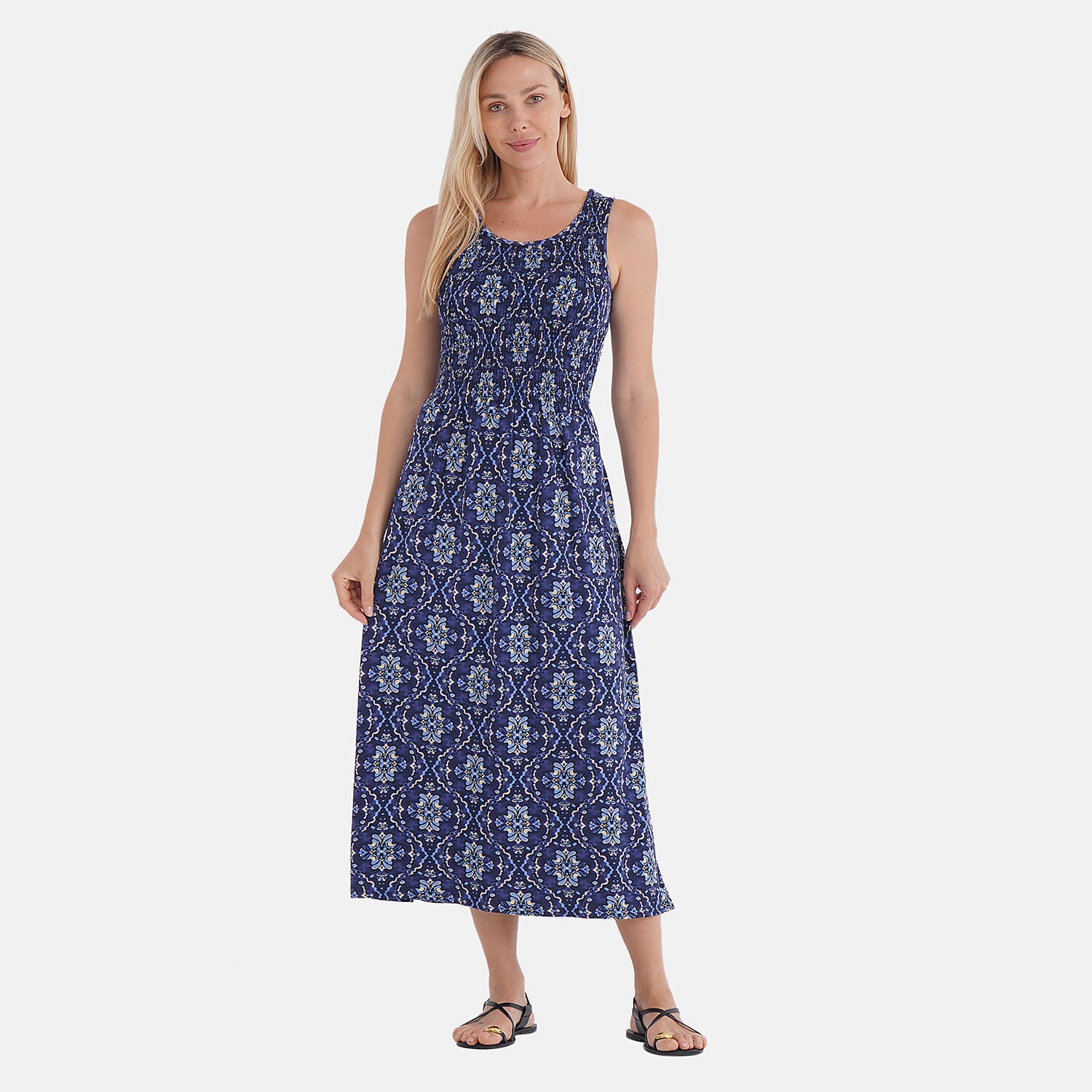 TAMSY Light Blue Lemon Smocked Sleeveless Double Knit Dress with Waist Tie - One Size Fits Most