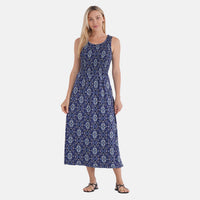 TAMSY Light Blue Lemon Smocked Sleeveless Double Knit Dress with Waist Tie - One Size Fits Most