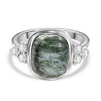 Siberian Seraphinite and White Zircon Ring in Rhodium Over Sterling Silver (Size 10.0) 5.27 ctw