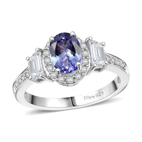 Tanzanite ,  White Zircon  Main Stone With Side Stone Ring in Rhodium Overlay Sterling Silver 1.24 ctw
