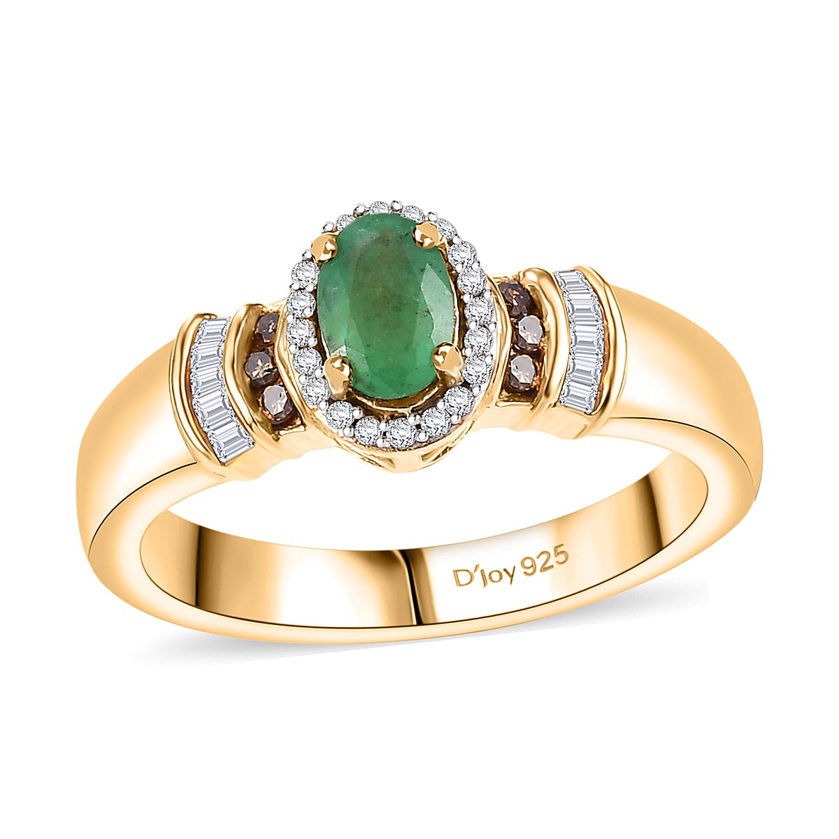 Kagem Zambian Emerald, Natural Champagne and White Diamond (0.20 cts) Ring in 18K Vermeil YG Over Sterling Silver (Size 7.0) 0.65 ctw