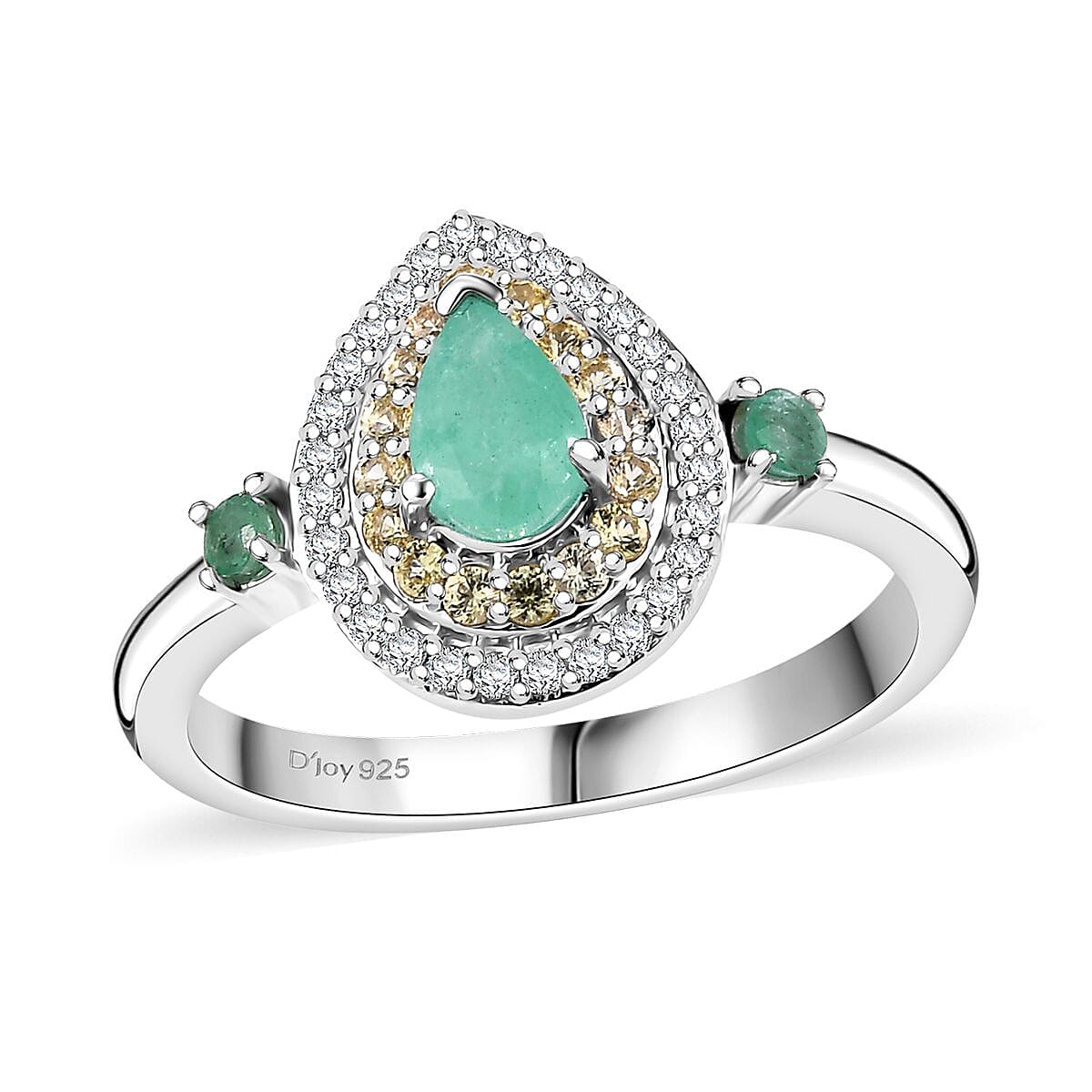 Kagem Zambian Emerald, Multi Gemstone Ring in Rhodium Over Sterling Silver (Size 7.0) 1.10 ctw