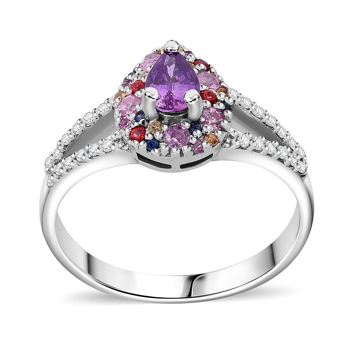 Madagascar Purple Sapphire, Multi Gemstone Ring in Rhodium Over Sterling Silver (Size 8.0) 1.00 ctw