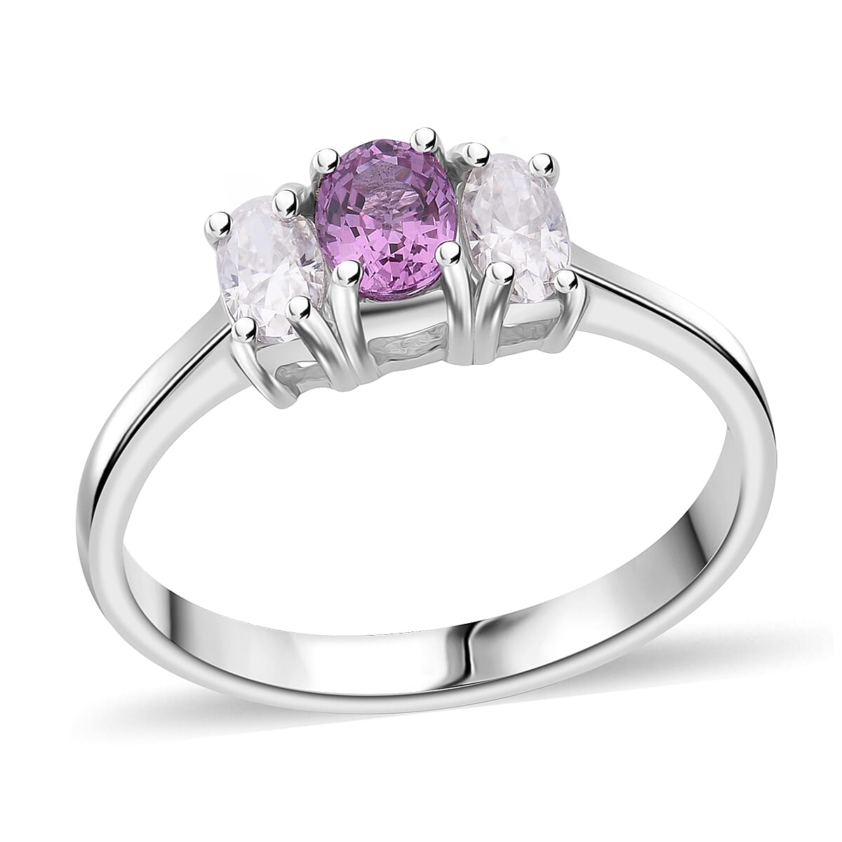 Madagascar Purple Sapphire, Moissanite 3 Stone Ring in Rhodium Over Sterling Silver (Size 8.0) 1.00 ctw