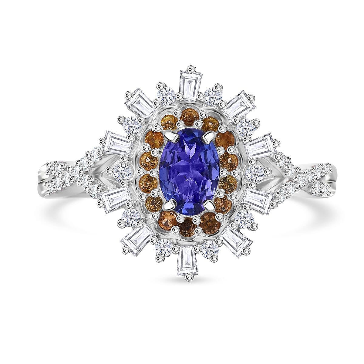 AAA Tanzanite, Multi Gemstone Infinity Bloom Ring in Rhodium Over Sterling Silver (Size 10.0) 1.00 ctw