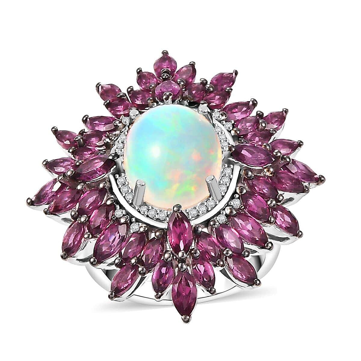 Ethiopian Welo Opal and Multi Gemstone 8.60 ctw Ring in Rhodium Over Sterling Silver (Size 10.0)