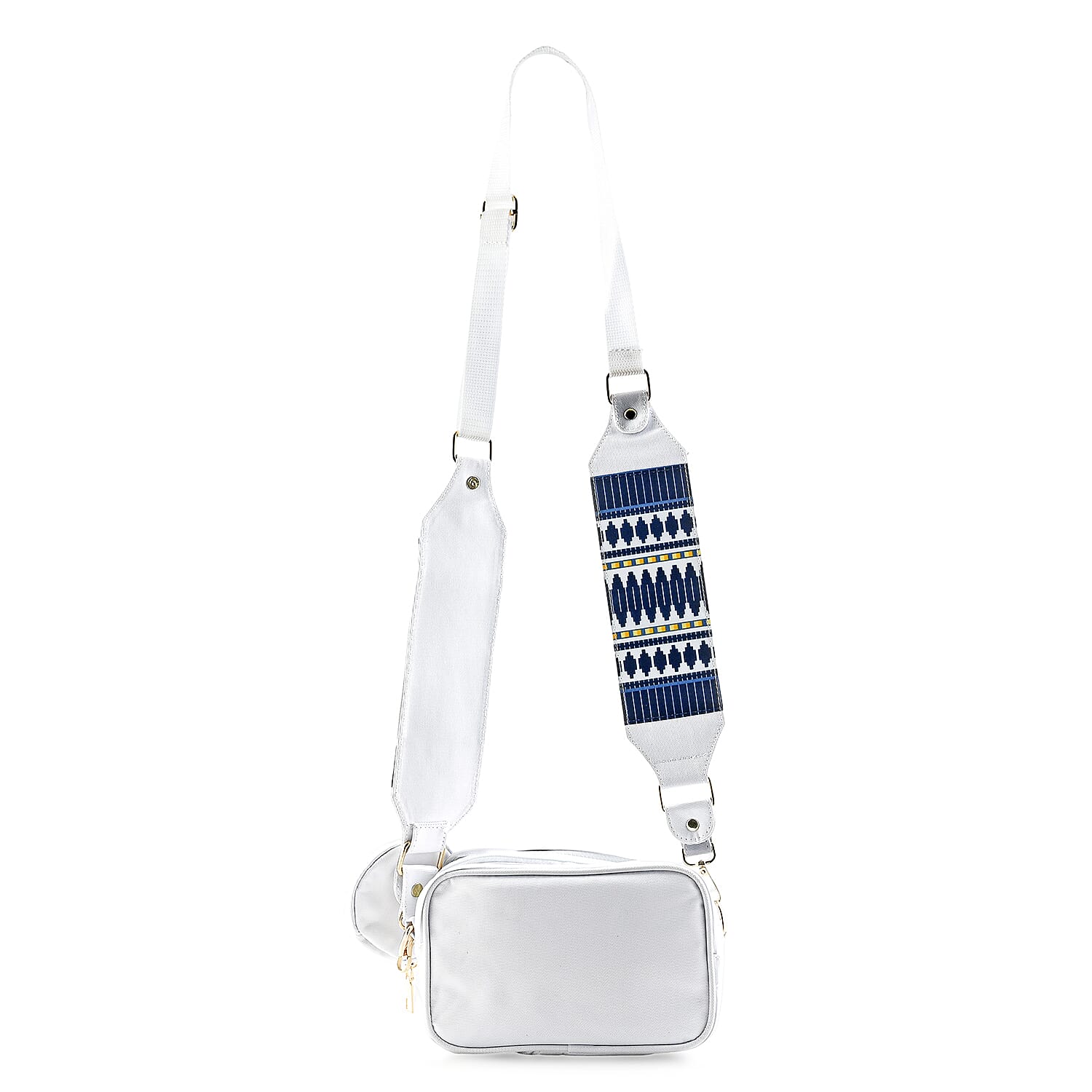 White Intricate Tribal Pattern Pochette Belt Handbag with Flap Pocket
