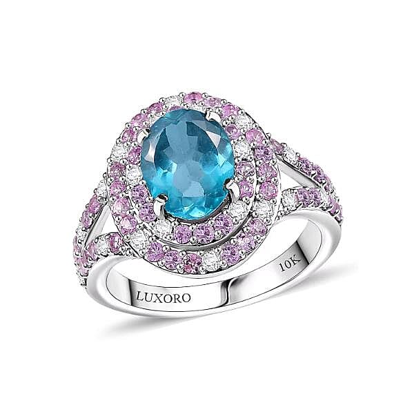 Luxoro 10K White Gold AAA Betroka Blue Apatite, Madagascar Pink Sapphire and White Diamond (I2) (0.30 cts) Double Halo Ring (Size 10.0) (Del. in 10-12 Days) 3.90 ctw