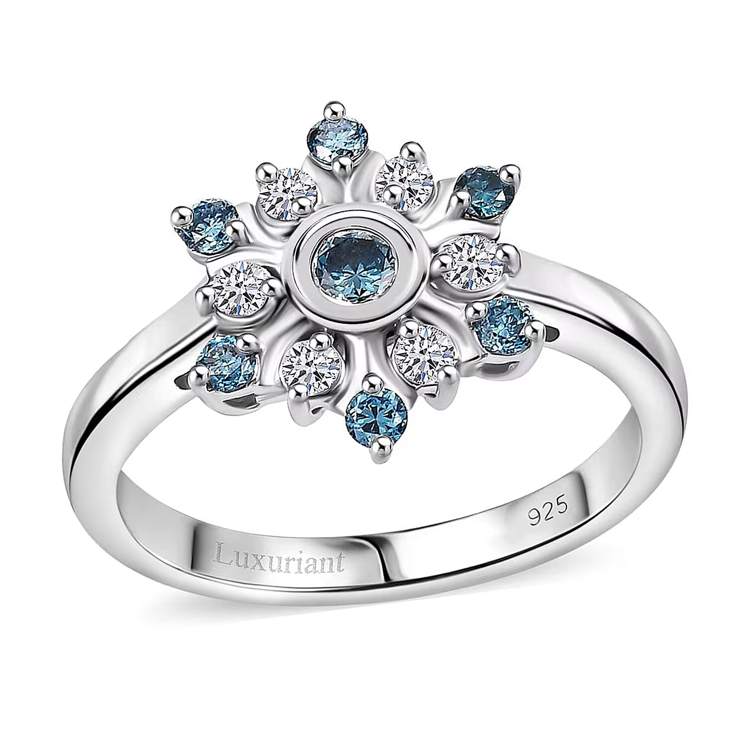 Luxuriant Lab Grown Blue and White Diamond (SI) Snowflake Ring in Rhodium Over Sterling Silver (Size 10.0) 0.50 ctw