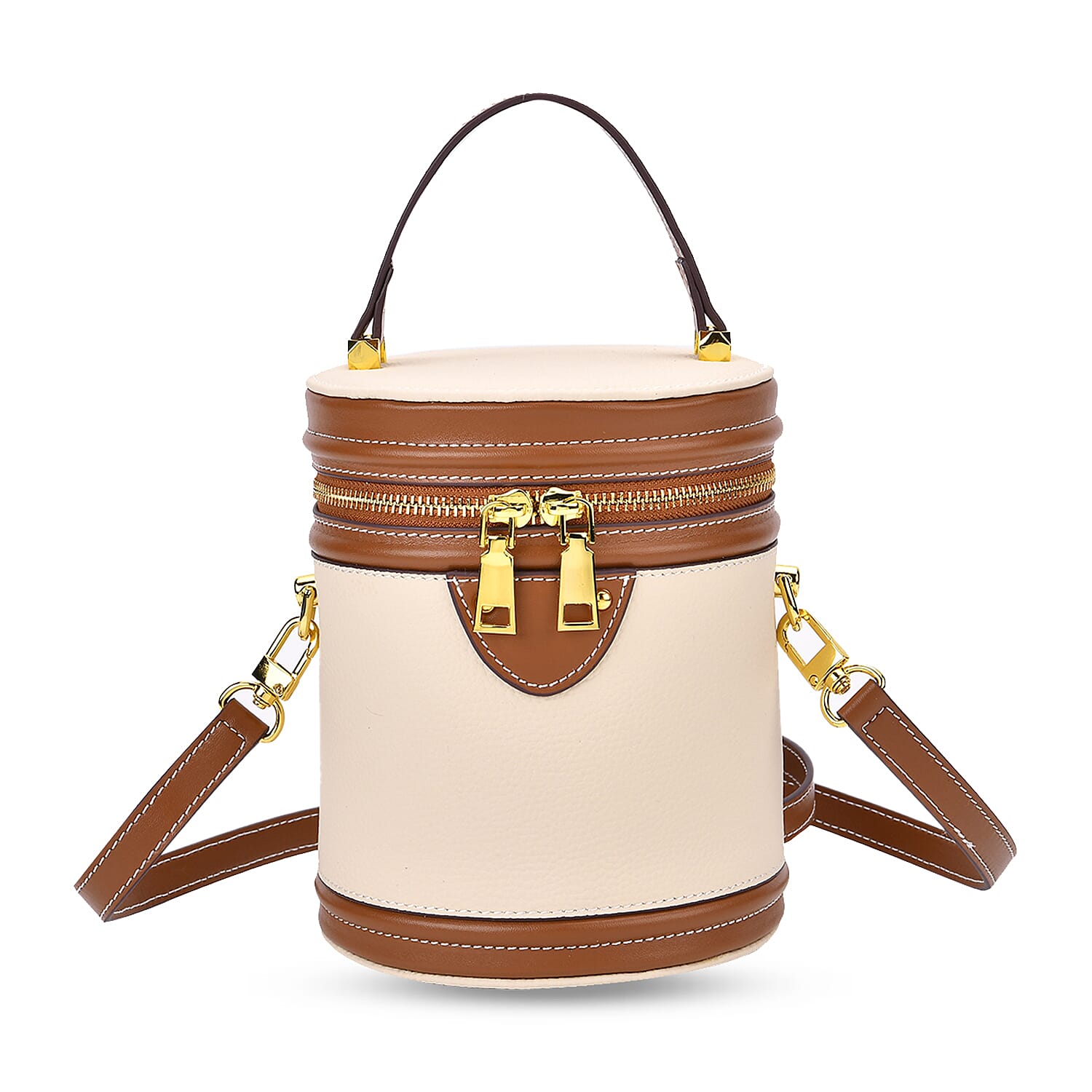 White with Tan Genuine Leather Cylinder Shape Small Crossbody Bag (5.12"x5.12"x7.09") with Detachable Shoulder Strap