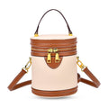 White with Tan Genuine Leather Cylinder Shape Small Crossbody Bag (5.12"x5.12"x7.09") with Detachable Shoulder Strap - Sticky add to cart bar