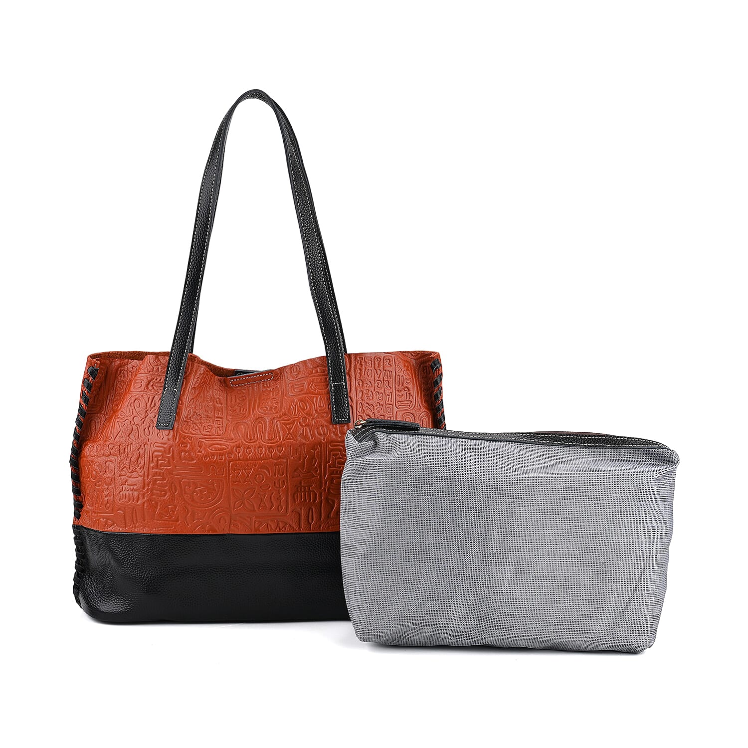 Italy Retro Noble Collection Orange Genuine Leather Tote Bag (14.17"x3.74"x11.42") with Small Zipper Bag